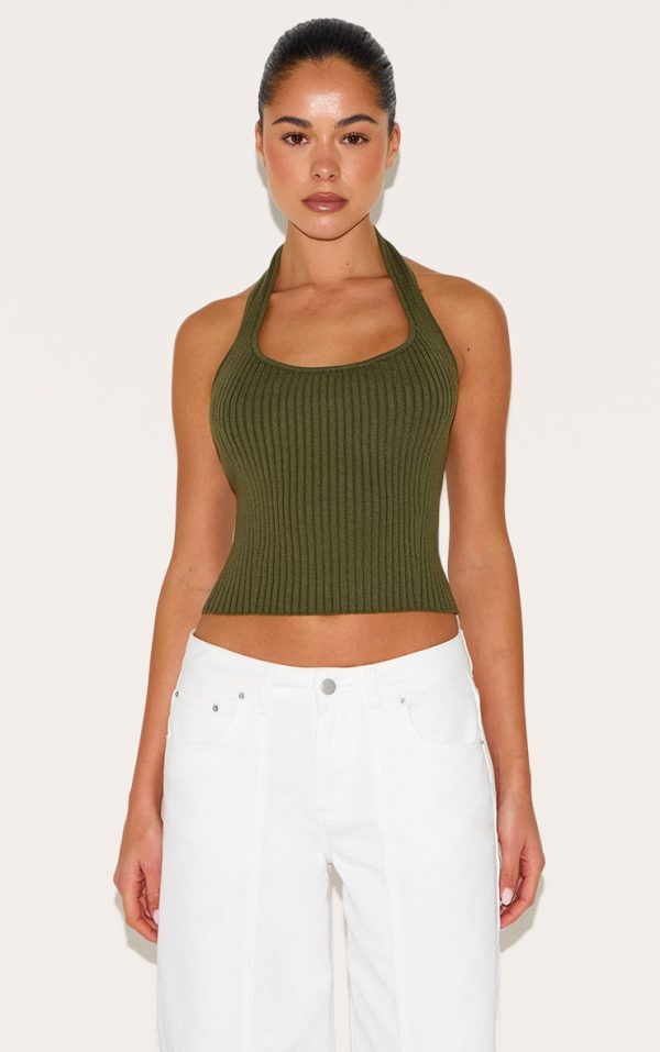 Olive Rib Knit  Halterneck Top