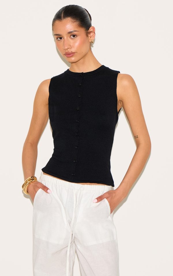 Tall Black Button Through Sleeveless Top