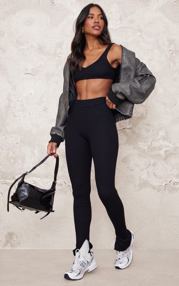 Black Knitted Split Hem Flare Pants