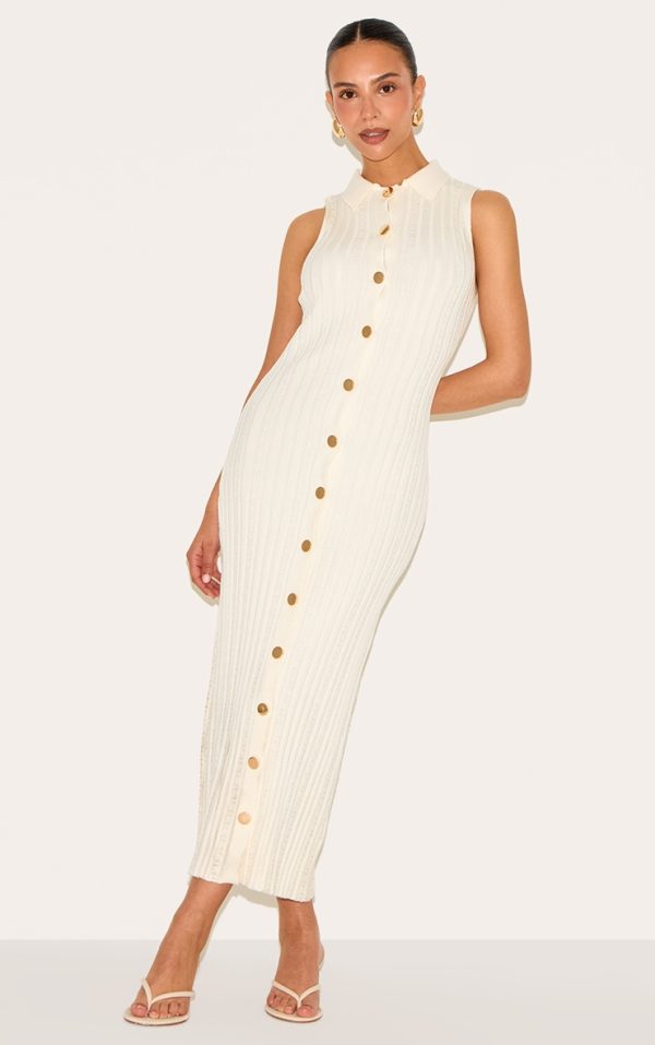 Petite Cream Knitted Button Down Maxi Dress