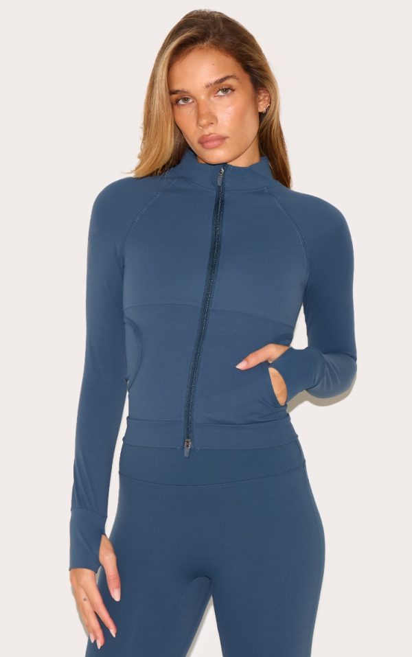 Midnight Blue Sculpt Pocket Front Double Zip Up Jacket