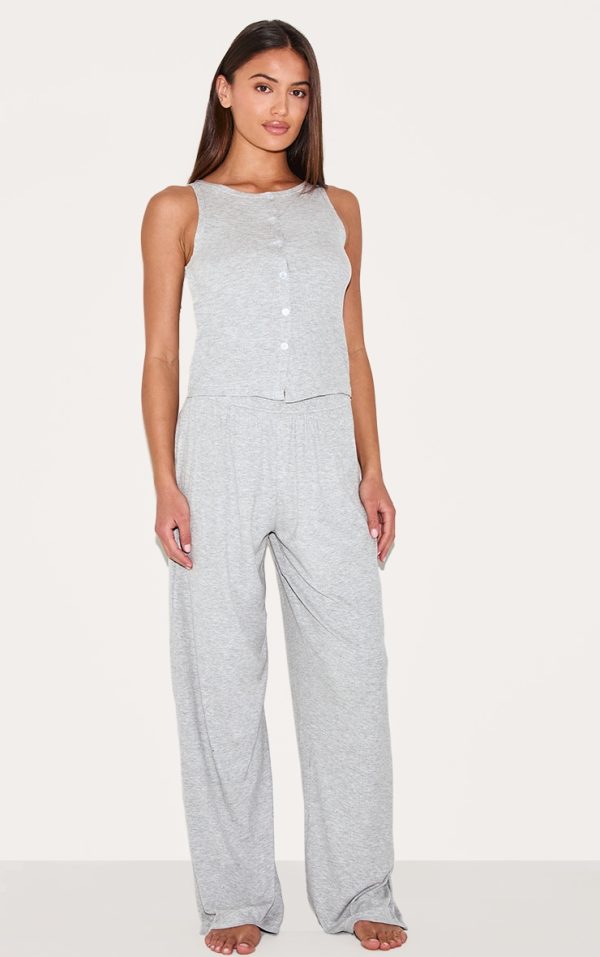 Grey Ribbed Button Vest Long Pj Set