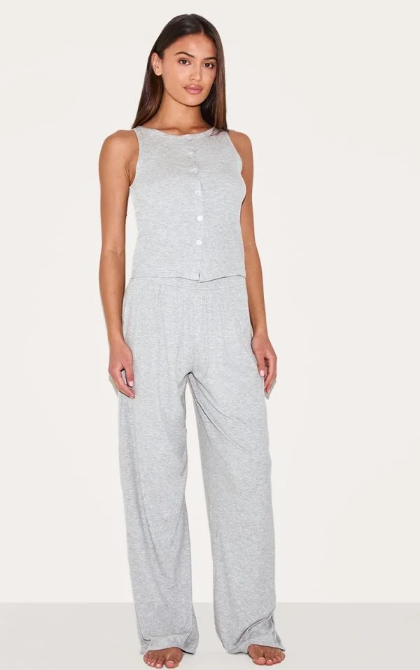 Grey Ribbed Button Vest Long Pj Set