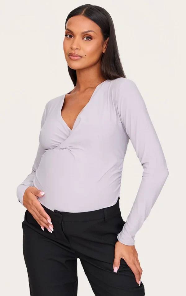 Maternity Light Grey Soft Touch Ruched Long Sleeve Longline Top