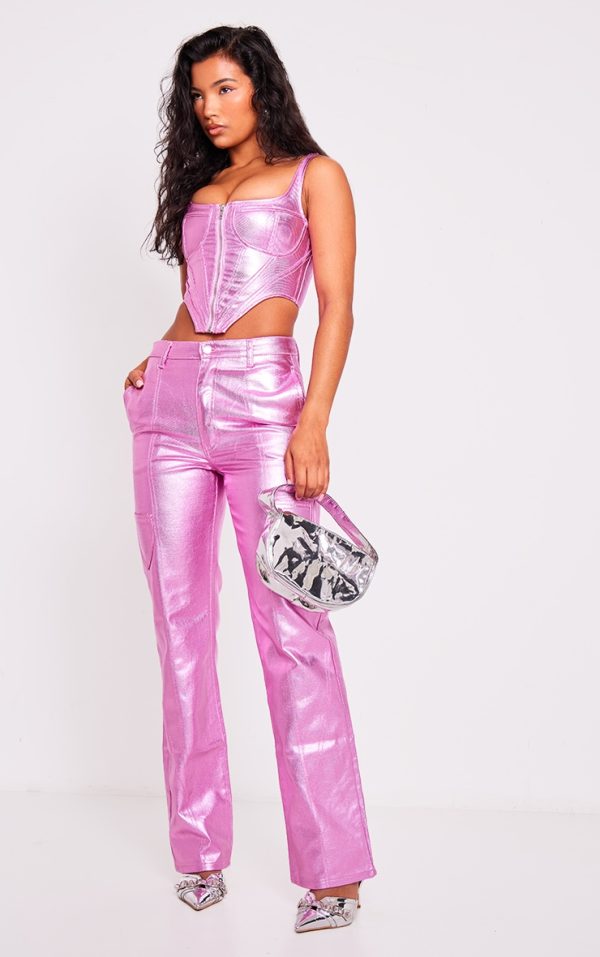 Pink Metallic Denim Stitch Detail Straight Leg Jeans