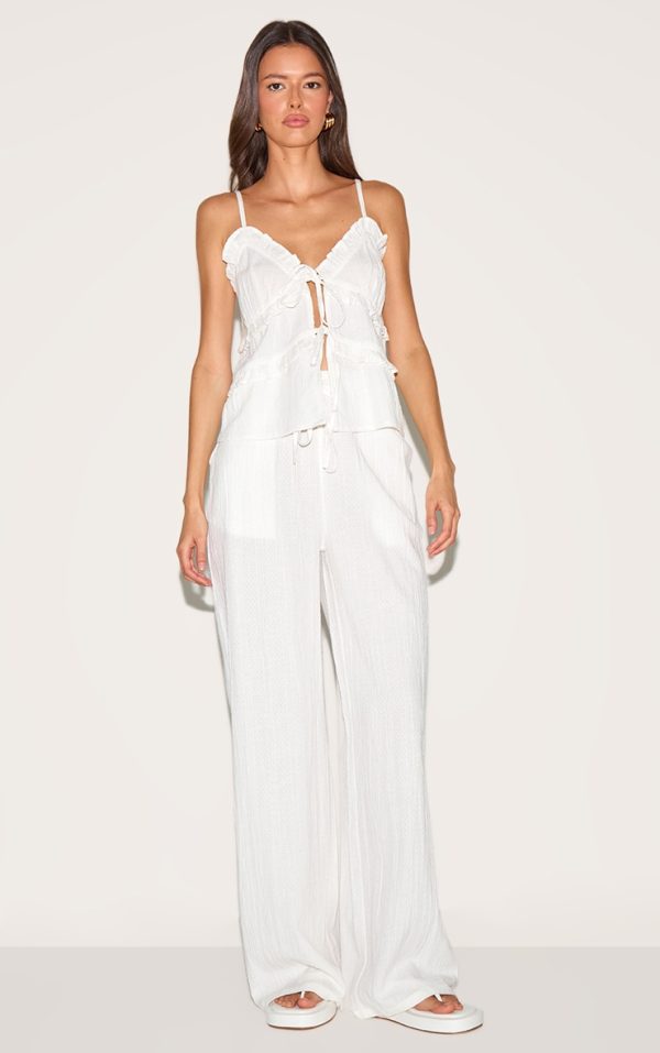 White Textured Mid Rise Wide Leg Pants