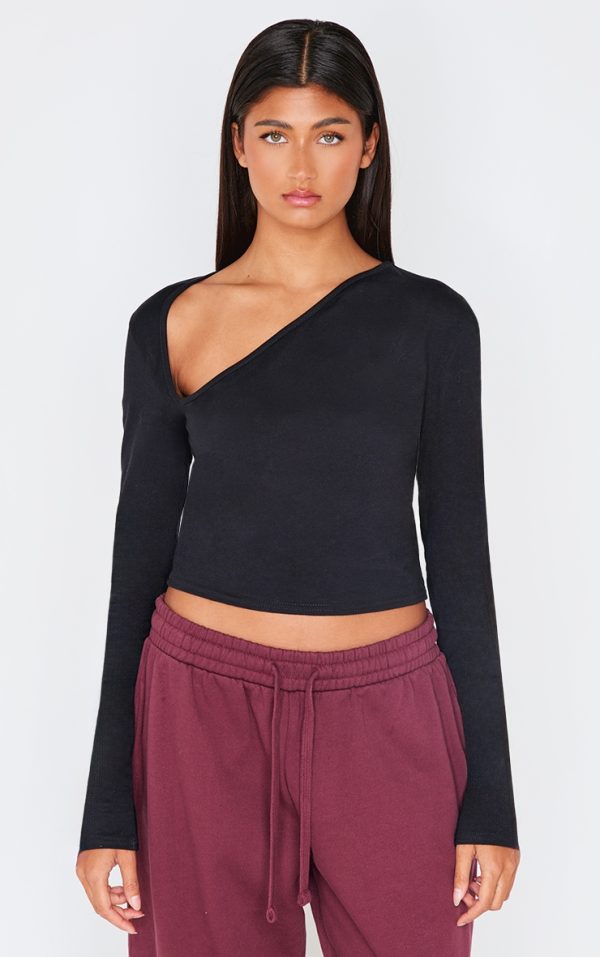 Black Cotton Asymmetric Neck Detail Long Sleeve Top