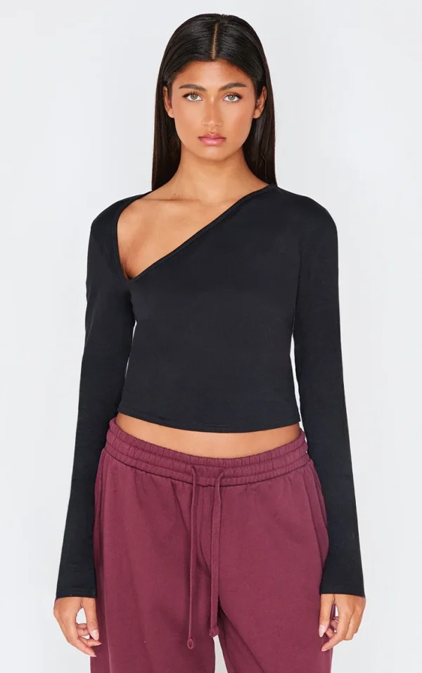 Black Cotton Asymmetric Neck Detail Long Sleeve Top