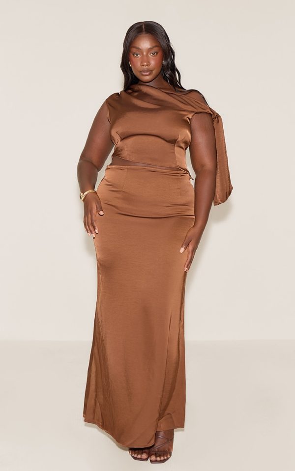 Plus Chocolate Mid Rise Satin Maxi Skirt