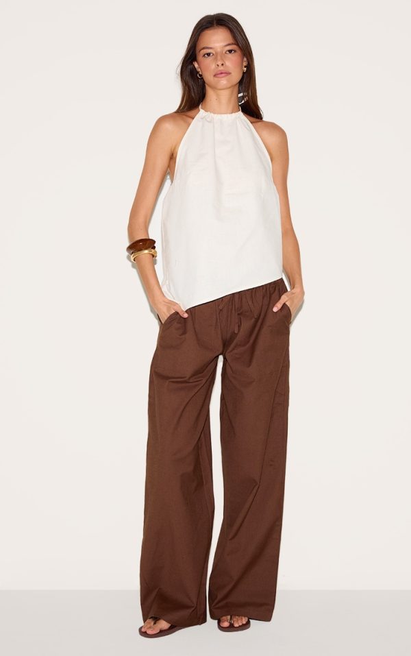 Dark Chocolate Cotton Linen Blend Drawstring Waist Pants