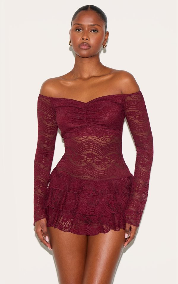 Burgundy Lace Bardot Rara Skort Romper