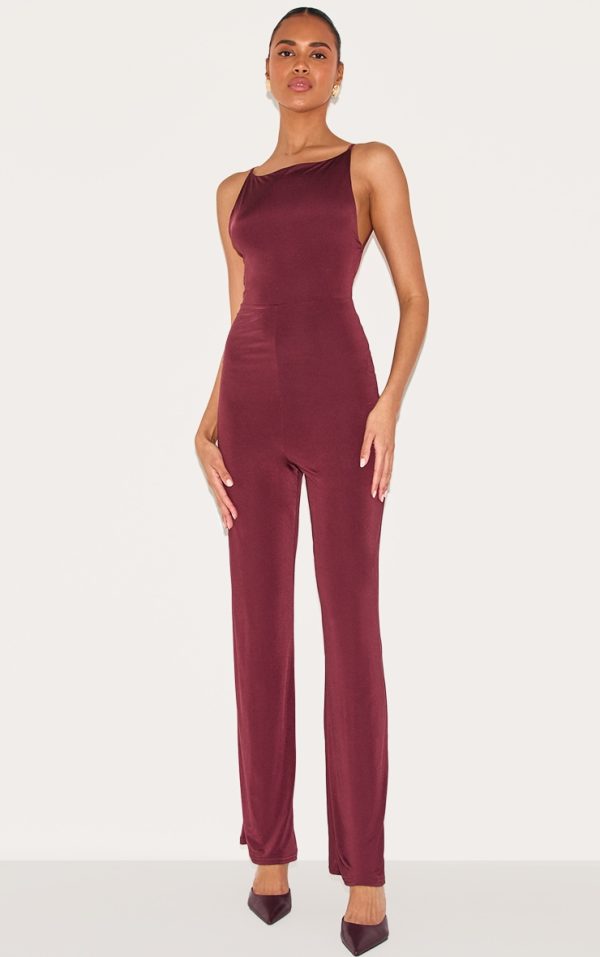 Wine Double Layer Slinky Low Back Strappy Wide Leg Jumpsuit