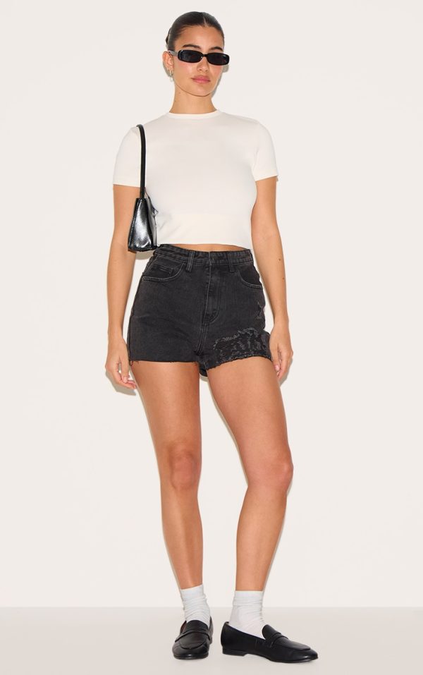 PRETTYLITTLETHING Washed Black Ripped Denim Mom Shorts