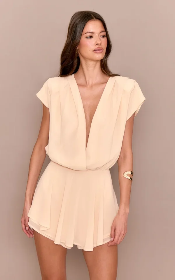Almond Chiffon Extreme Plunge Neck Floaty Romper