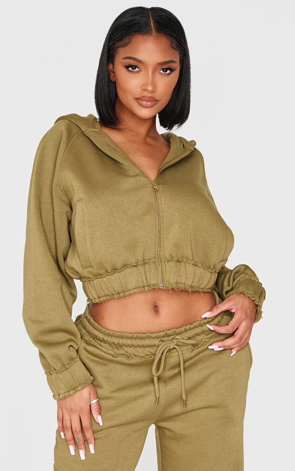 Shape Olive Distressed Elasticated Waistband Cropped Hoodie