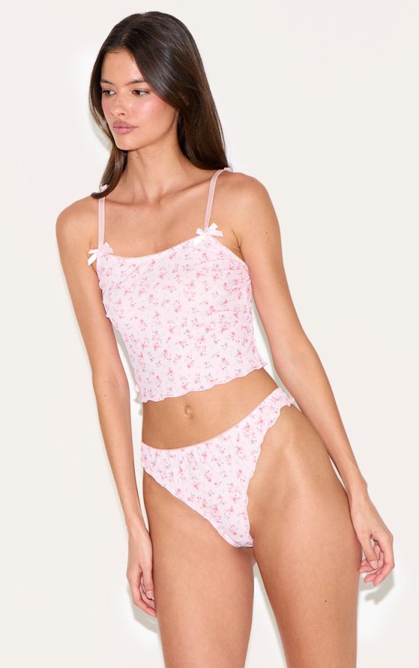 Pink Ribbed Floral Cami and Thong Lingerie Set