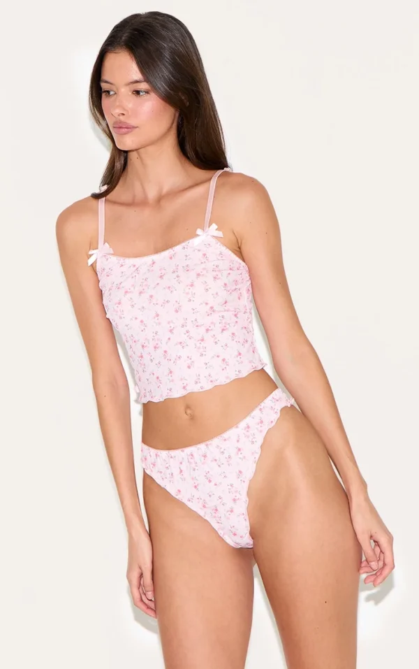 Pink Ribbed Floral Cami and Thong Lingerie Set