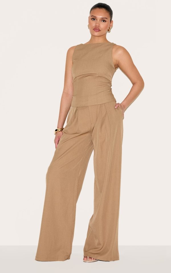 Light Brown Racer Neck Detail Top