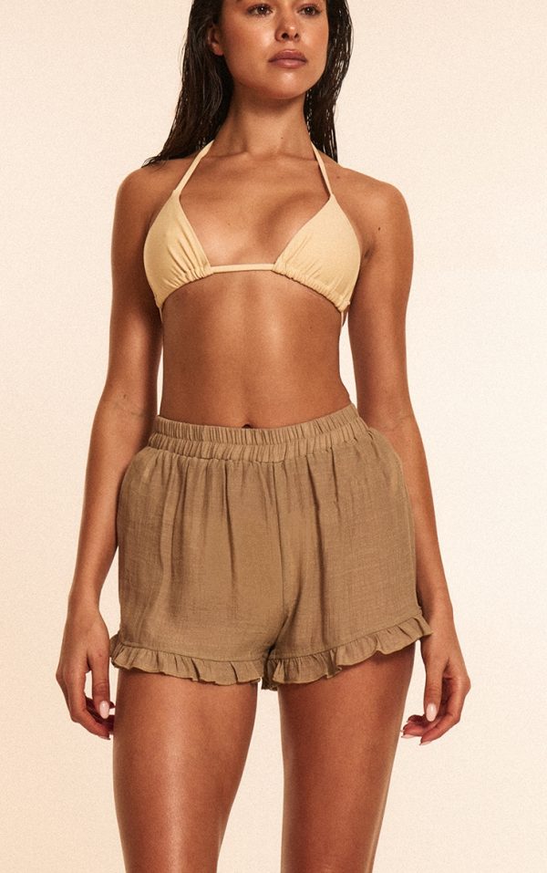 Stone Linen Look Frill Edge Shorts