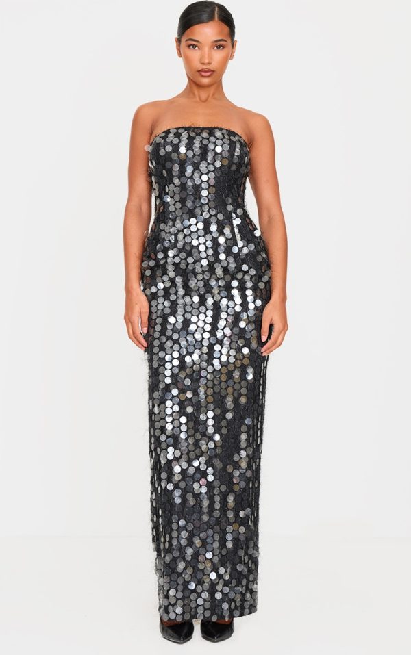 Black Textured Disk Sequin Maxi Dress