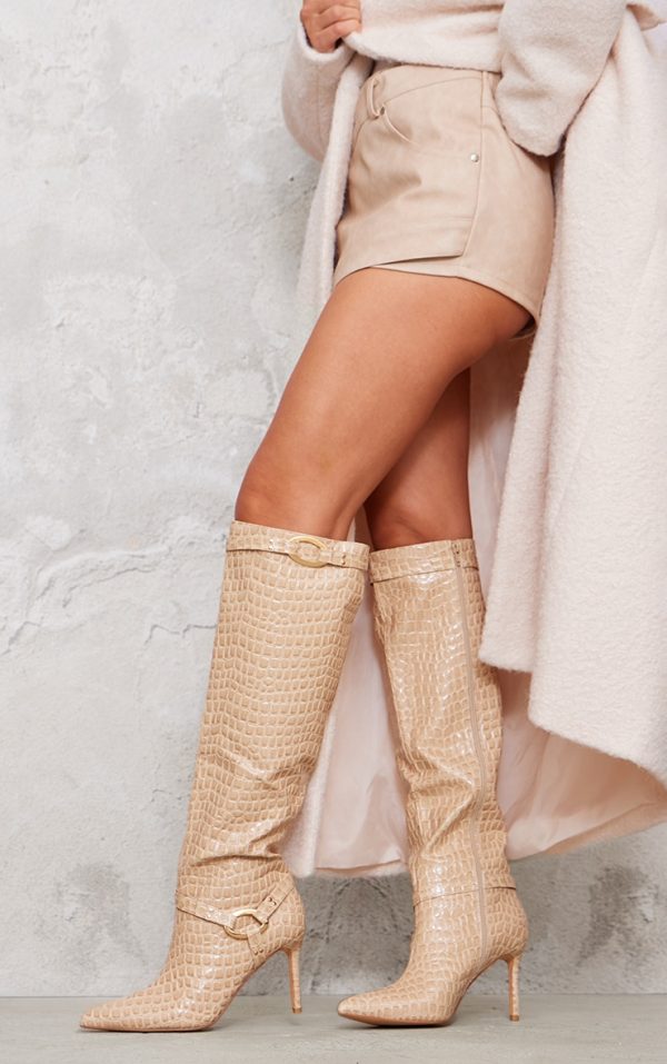Cream Croc PU Point Toe Ring Detail Knee High Heeled Boots