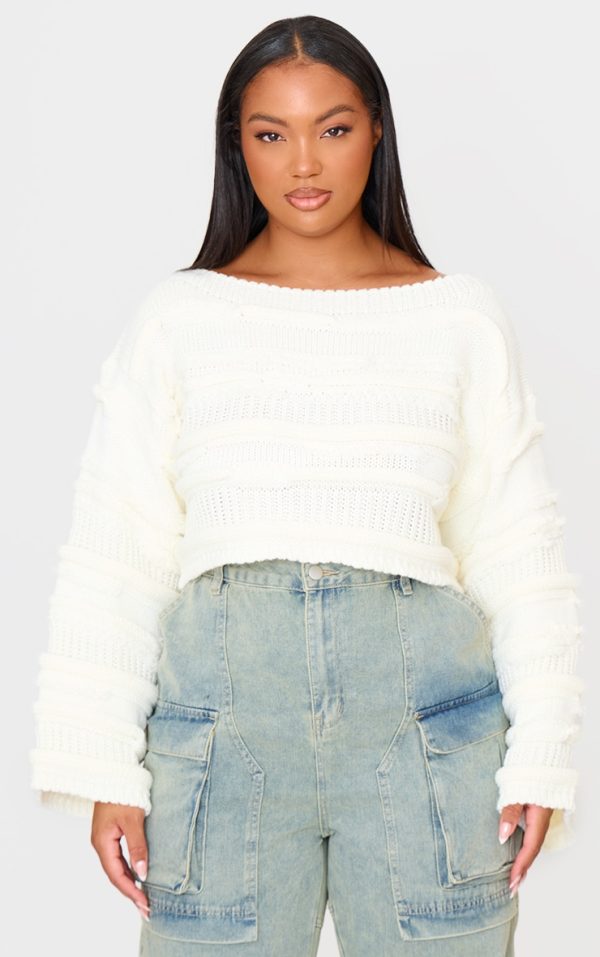 Plus Cream Chunky Raised Contrast Knit Cropped Wide Neck Sweater