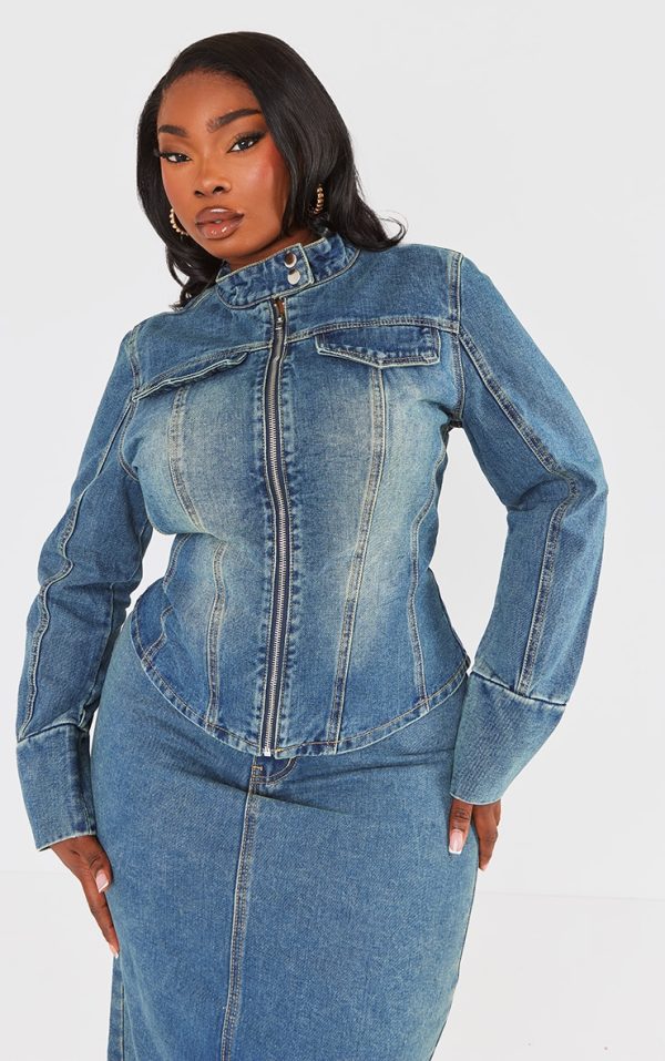 Plus Vintage Wash Zip Up Fitted Denim Jacket