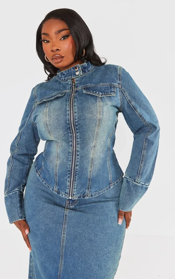 Plus Vintage Wash Zip Up Fitted Denim Jacket