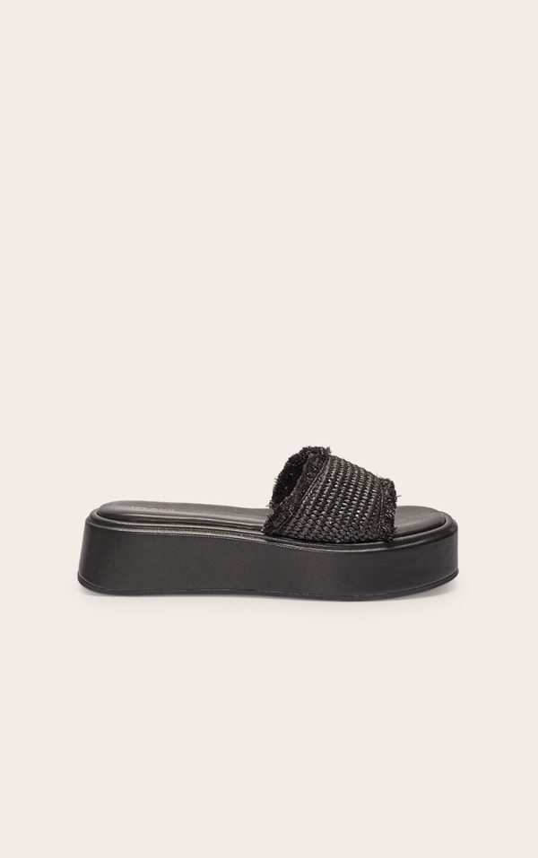 Black Raffia Fake Stack Round Toe Flatform Sandals