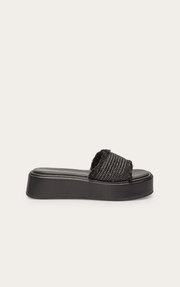 Black Raffia Fake Stack Round Toe Flatform Sandals