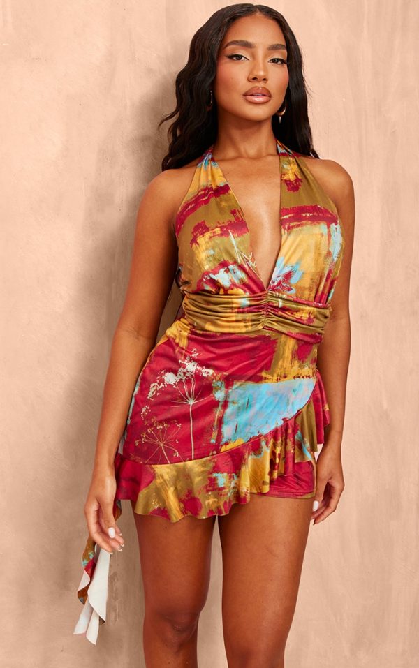 Multi Print Slinky Halterneck Drape Skort Romper
