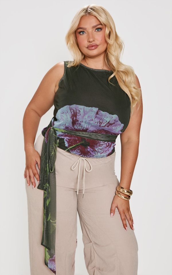 Plus Green Printed Mesh Tie Detail Boat Neck Top