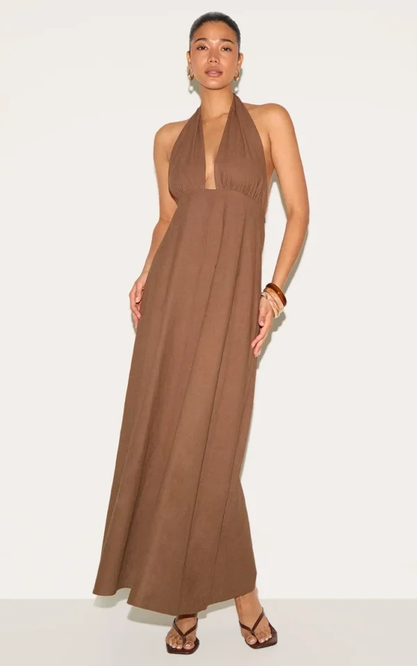 Taupe Plunge Halterneck Maxi Dress
