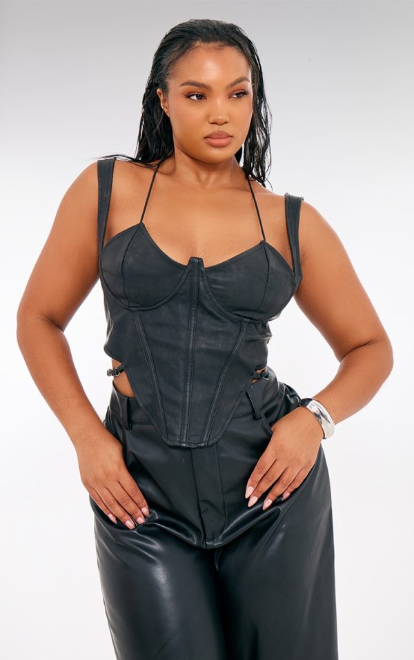 Plus Black Washed Faux Leather Cross Halterneck Dip Hem Corset
