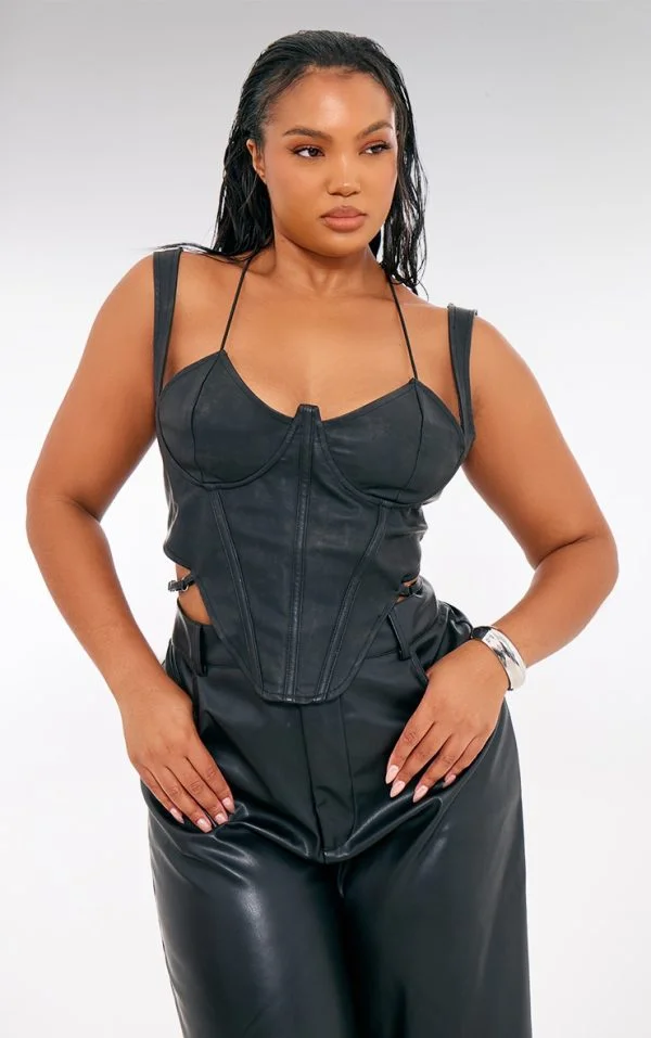 Plus Black Washed Faux Leather Cross Halterneck Dip Hem Corset