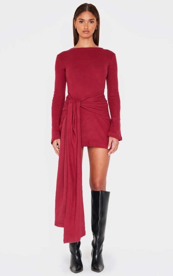 Burgundy Heavy Brushed Rib Boat Neck Wrap Tie Bodycon Dress