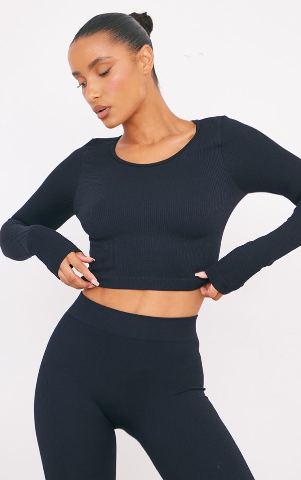 Black Structured Snatched Ribbed Round Neck Long Sleeve Crop Top