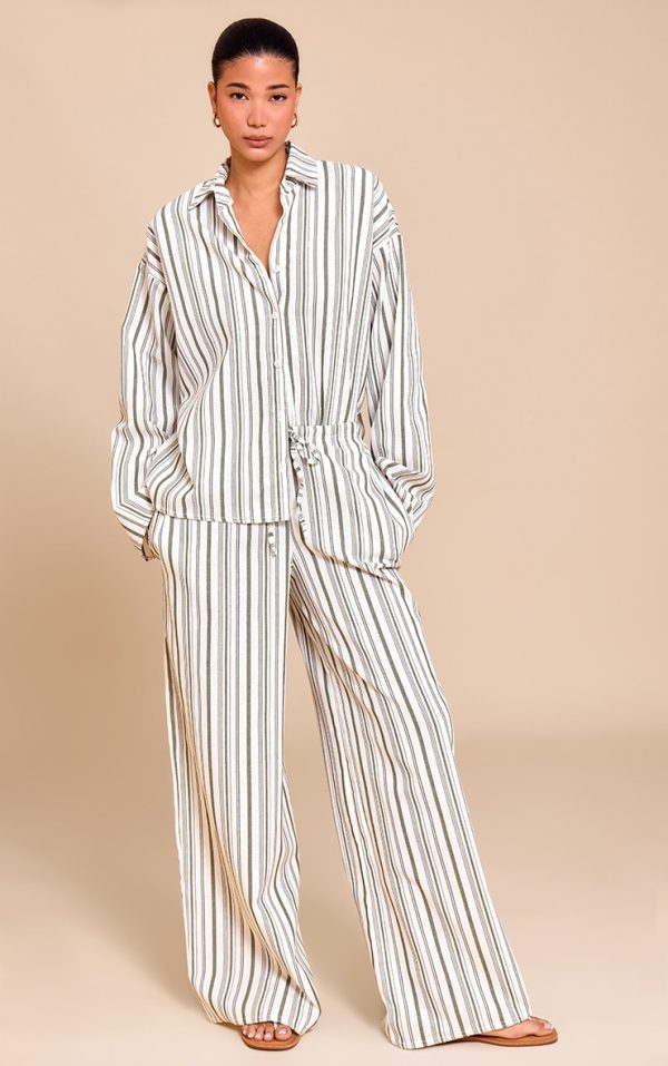 Khaki Striped Mid Rise Wide Leg Pants