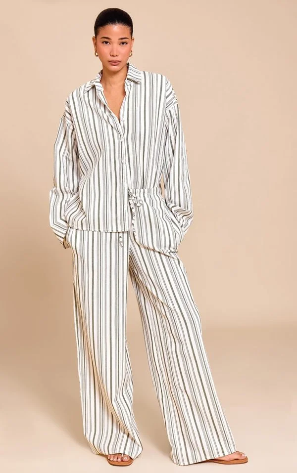 Khaki Striped Mid Rise Wide Leg Pants