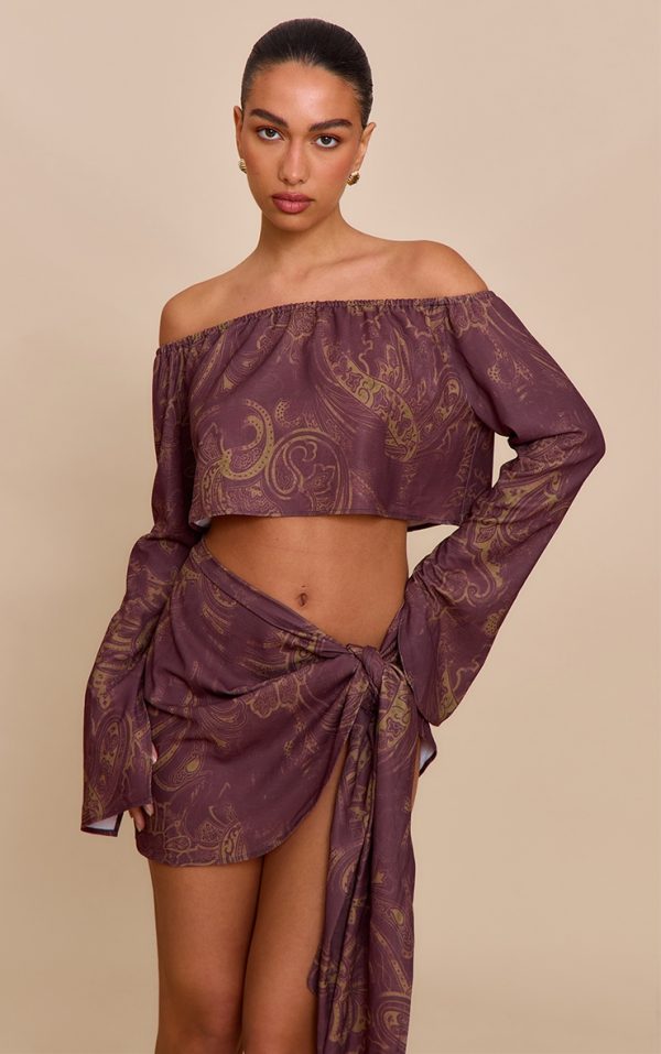 Brown Paisley Print Woven Tie Side Mini Skirt