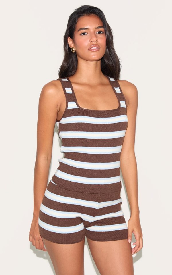 Brown Stripe Knit Scoop Neck Tank Top