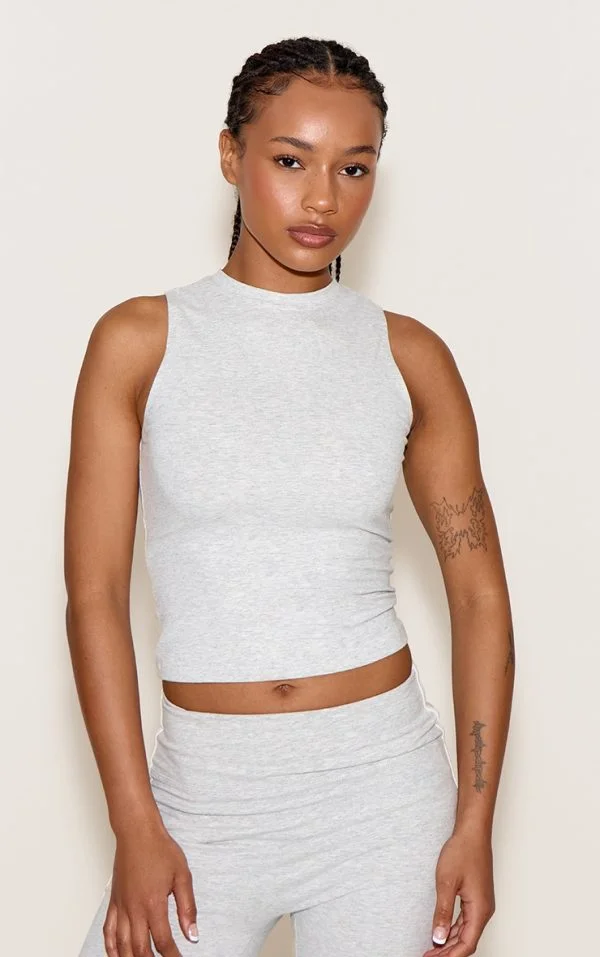 Petite Ash Grey Sculpt Sleeveless Longline Gym Top