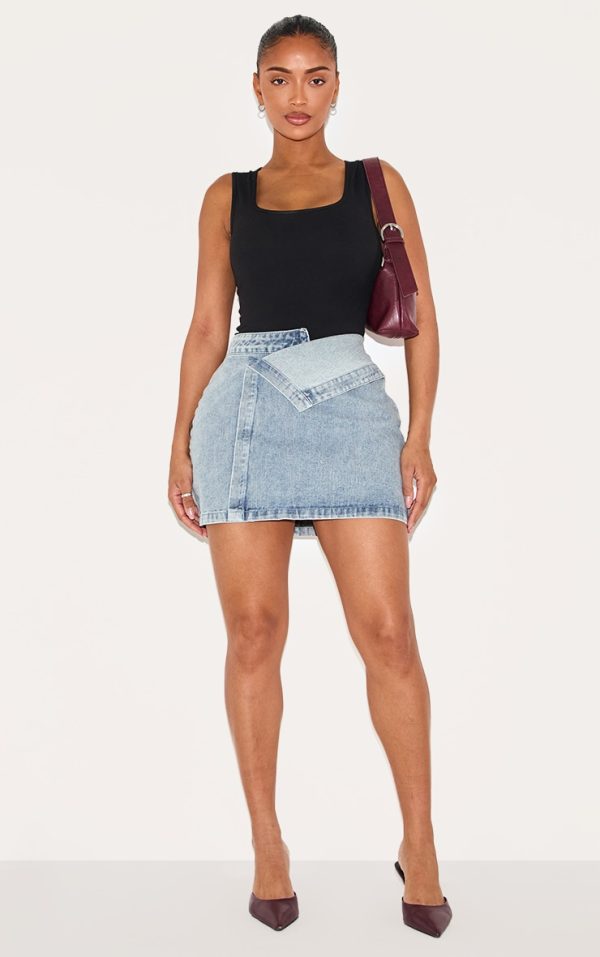 Shape Washed Blue Denim Foldover Waist Mini Skirt