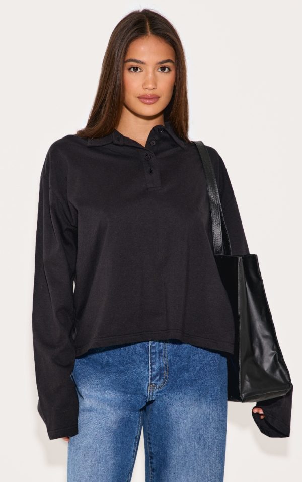 Black Cotton Collar Detail Long Sleeve Top