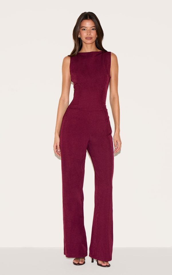 Burgundy Structured Woven Open Back Detail Straight Leg Jumpsuit
