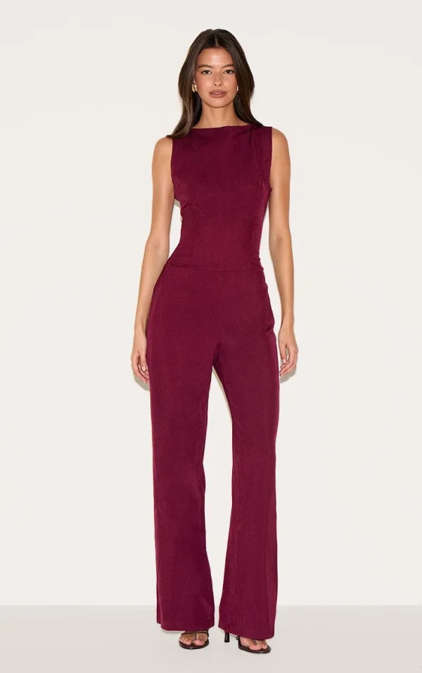 Burgundy Structured Woven Open Back Detail Straight Leg Jumpsuit