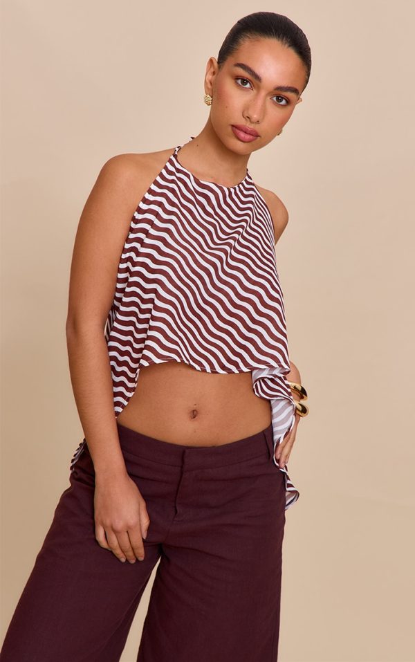Brown Printed Chiffon Halter Neck Floaty Top
