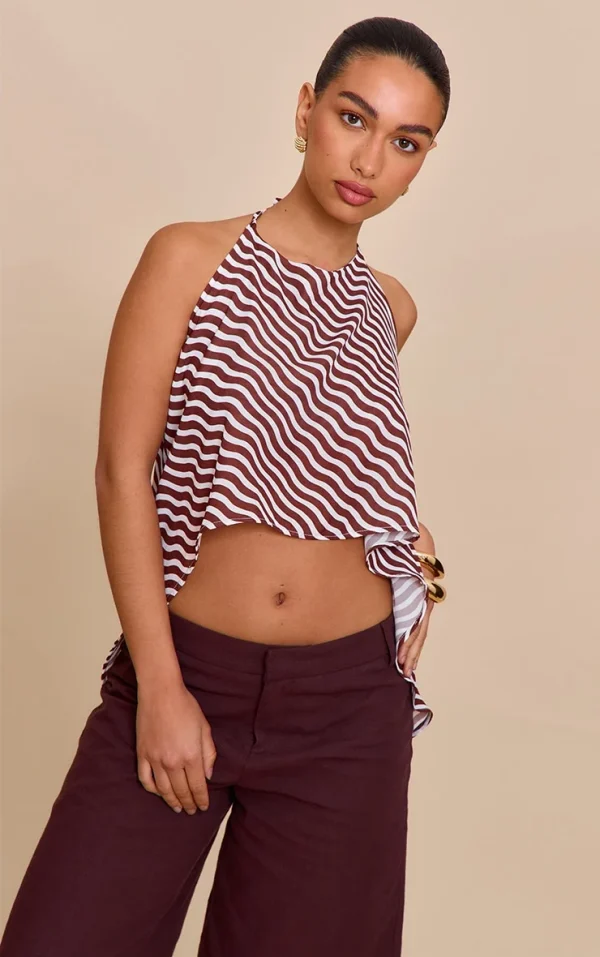 Brown Printed Chiffon Halter Neck Floaty Top
