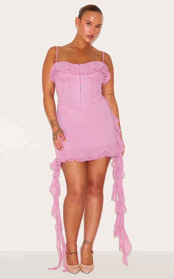 Plus Pink Rose Frill Detail Draped Mini Dress