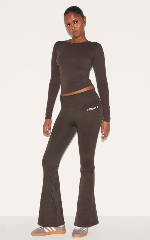 PLT SPORT Espresso Seamless Ribbed Detail High Waist Yoga Flares